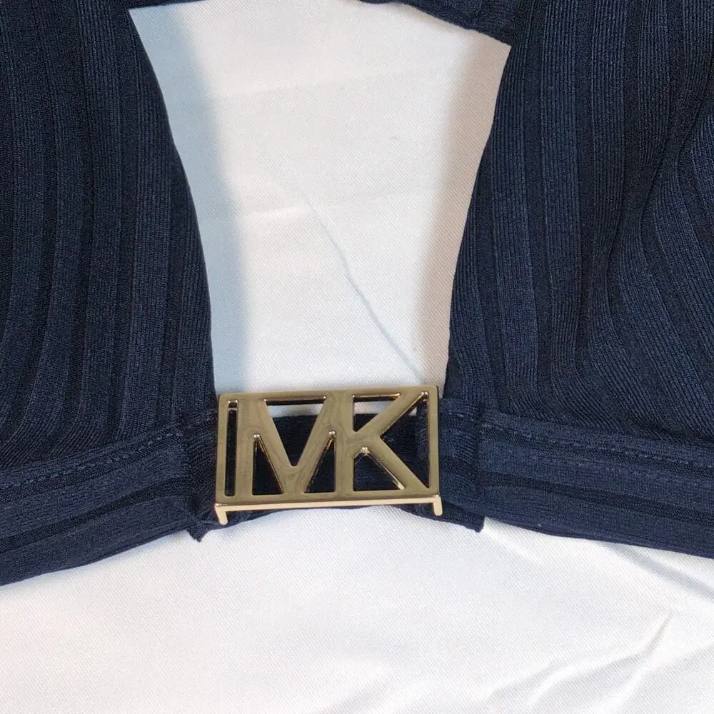 Michael Kors Bikini Top Womens Medium Navy Blue MK Gold Hardware Ribbed Swim Bra